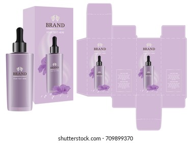 Label on packaging container with purple flower box design template and mockup box. Illustration vector