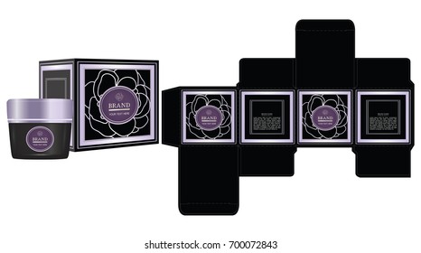 Label on packaging container with rose outline on black background box design template and mockup box. Illustration vector
