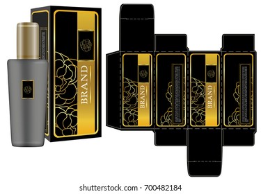 Label on packaging container with rose outline on black background box design template and mockup box. Illustration vector