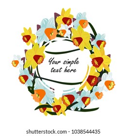 label on white background with beautiful narcissus for design