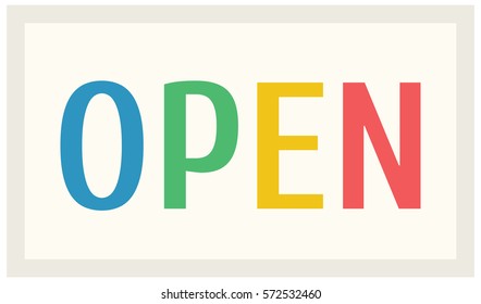 Label open with colored letters on a light background