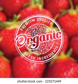 Label for organic healthy food on background with blurred effect
