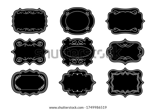 Label ornamental black craft frames set.\
Elegant royal ornate sticker tag. Decorative vintage empty curly\
frame collection. Divider curl and swirl calligraphic elements.\
Isolated vector\
illustration