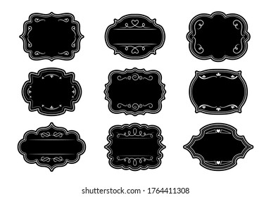 Label ornamental black frame set. Craft elegant royal ornate sticker tags. Decorative vintage empty curly frame collection. Divider curl and swirl calligraphic elements. Isolated vector illustration