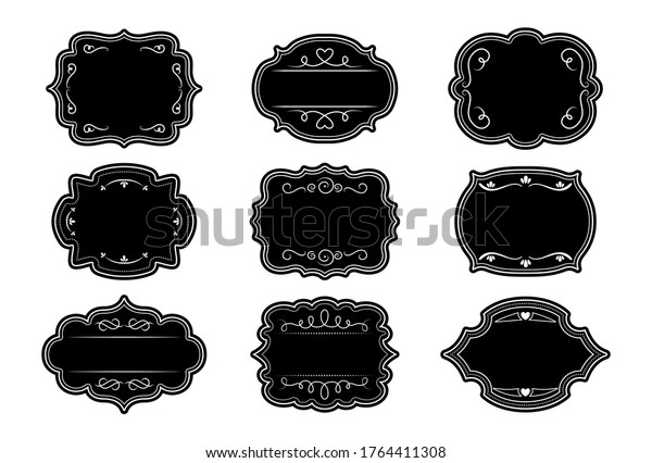 Label ornamental black frame set. Craft\
elegant royal ornate sticker tags. Decorative vintage empty curly\
frame collection. Divider curl and swirl calligraphic elements.\
Isolated vector\
illustration