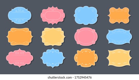 Etiqueta marcos de color ornamentales establecidos para el texto. Elegante etiqueta de emoticono ornado real. Colección de marcos vintage decorativa vacía. Viejo divisor, curl, caligrafía giratoria. Ilustración vectorial aislada