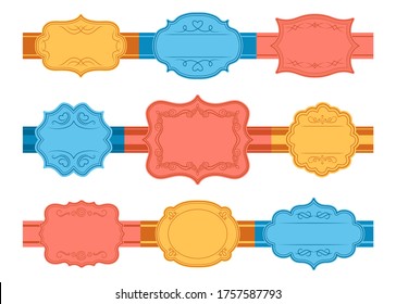 Etiquetar marcos de cinta ornamental para texto. Elegante etiqueta de emoticono ornado real de bodas. Colección de marcos vintage decorativa vacía. Diferente retro, caligrafía de rizos y remolinos. Ilustración vectorial aislada