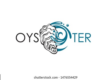 label of oyster shell with water splash isolated on white background