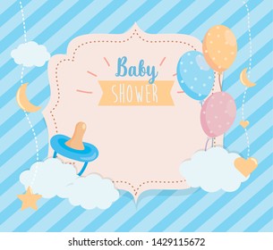 label of pacifier with balloons and clouds decoration