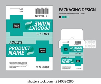 Label pack for medicinal tablets, label medicine paper design, medicine packaging design, healthcare product design. product label, realistic mock-up. geometric background concept. vector illustration