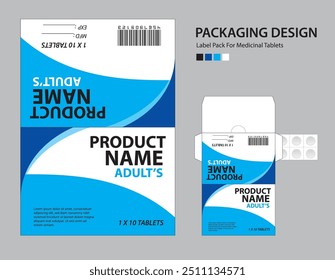 Label pack for medicinal tablets, label medicine paper design, medicine packaging design, healthcare product design. product label, realistic mock-up. wave background concept. vector illustration