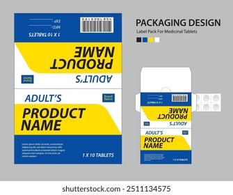 Paquete de etiquetas para tabletas medicinales, diseño de papel de medicina de etiquetas, diseño de empaques de medicina, diseño de productos de salud. etiqueta del producto, maqueta realista. concepto de fondo geométrico. Ilustración vectorial