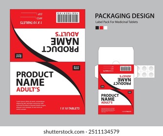 Label pack for medicinal tablets, label medicine paper design, medicine packaging design, healthcare product design. product label, realistic mock-up. wave background concept. vector illustration