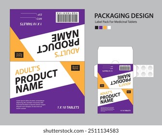 Label pack for medicinal tablets, label medicine paper design, medicine packaging design, healthcare product design. product label, realistic mock-up. geometric background concept. vector illustration