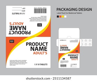 Label pack for medicinal tablets, label medicine paper design, medicine packaging design, healthcare product design. product label, realistic mock-up. wave background concept. vector illustration