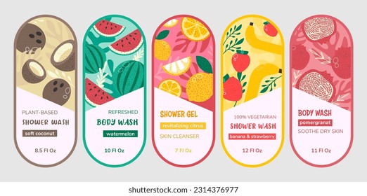 Etikettenset für Körperwaschanzeige-Werbung. Duschgel Aufkleber Tag Sammlung mit flachen Früchten, Vektorgrafik. Farbiges Design für Hygieneprodukte, Blumendekoration