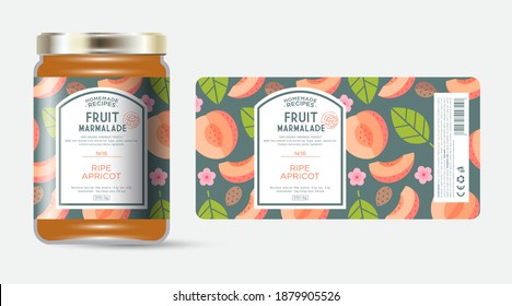 Label and packaging of apricot marmalade. Jar with label. Text in frame with stamp (sugar free) on seamless pattern with fruits, flowers and leaves.