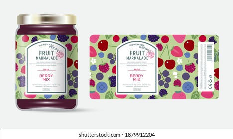 Label and packaging of berries mix marmalade. Jar with label. Text in frame with stamp (sugar free) on seamless pattern with berries, flowers and leaves.