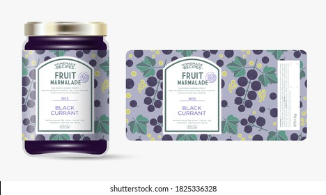 Label and packaging of black currant marmalade. Jar with label. Text in frame with stamp (sugar free) on seamless pattern with berries, flowers and leaves.