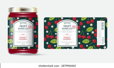 Label and packaging of cherry marmalade. Jar with label. Text in frame with stamp (sugar free) on seamless pattern with berries, flowers and leaves.