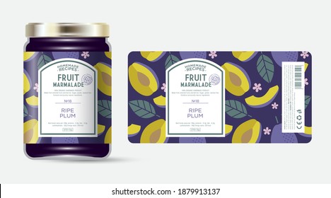 Label and packaging of dark plum marmalade. Jar with label. Text in frame with stamp (sugar free) on seamless pattern with fruits, flowers and leaves.