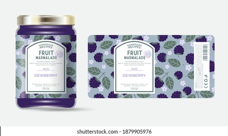 Label and packaging of dewberry marmalade. Jar with label. Text in frame with stamp (sugar free) on seamless pattern with berries, flowers and leaves.