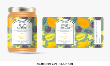 Label and packaging of exotic fruit marmalade. Jar with label. Text in frame with stamp (sugar free) on seamless pattern with fruits, slices and leaves.