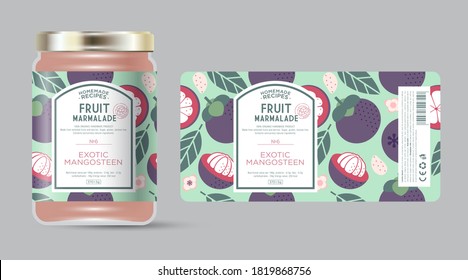 Label and packaging of exotic mangosteen fruit  marmalade. Jar with label. Text in frame with stamp (sugar free) on seamless pattern with fruits, flowers and leaves.