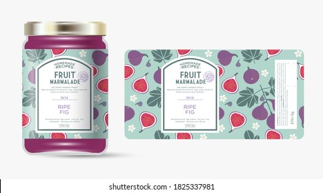 Label and packaging of fig marmalade. Jar with label. Text in frame with stamp (sugar free) on seamless pattern with fruits, flowers and leaves.