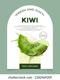 Etiqueta, envasado de fruta fresca y jugosa. Producto natural orgánico, libre de gmo. Texto con color de agua fruta realista sobre base blanca. Plantilla para su producto.