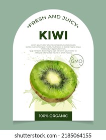 Label, packaging of fresh and juicy fruit. Natural organic product, gmo free. Text with watercolor realistic fruit on white base. Template for your product.