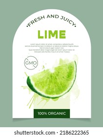 Label, packaging of fresh and juicy lime fruit. Natural organic product, gmo free. Text with watercolor realistic fruit on white base. Template for your product.