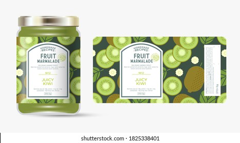 Label and packaging of kiwi marmalade. Jar with label. Text in frame with stamp (sugar free) on seamless pattern with fruits, flowers and leaves.