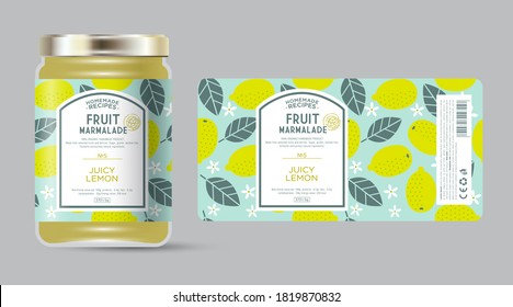 Label and packaging of lemon marmalade. Jar with label. Text in frame with stamp (sugar free) on seamless pattern with fruits, flowers and leaves.