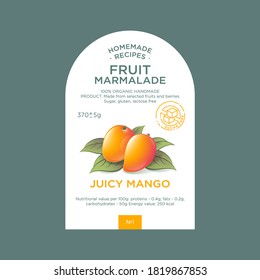 Label and packaging of mango marmalade. Nature organic product. Text with realistic fruits and leaves on white base. 
