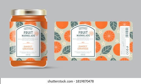 Label and packaging of orange marmalade. Jar with label. Text in frame with stamp (sugar free) on seamless pattern with fruits, flowers and leaves.