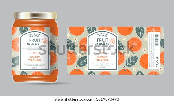 Label and packaging of orange marmalade. Jar\
with label. Text in frame with stamp (sugar free) on seamless\
pattern with fruits, flowers and\
leaves.
