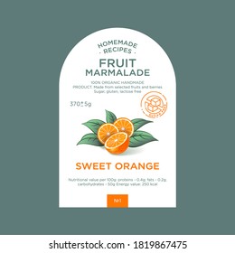 Label and packaging of orange marmalade. Nature organic product. Text with realistic fruits and leaves on white base. 