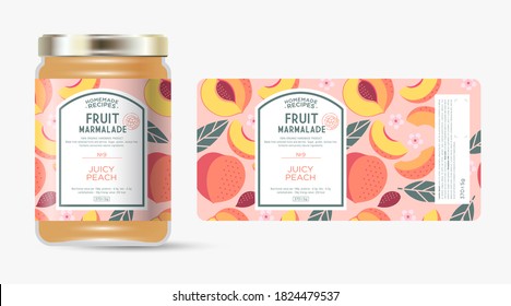 Label and packaging of peach marmalade. Jar with label. Text in frame with stamp (sugar free) on seamless pattern with fruits, slices and leaves.