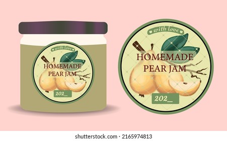Label and packaging of pear jam. Jar with a label. Text in frames with ripe pears and leaves