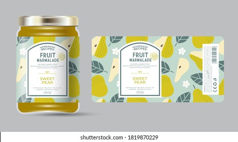 Label and packaging of pear marmalade. Jar with label. Text in frame with stamp (sugar free) on seamless pattern with fruits, flowers and leaves.