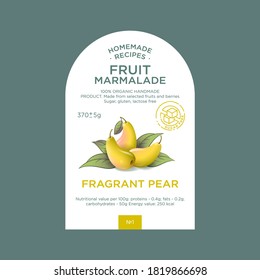 Etiqueta y envasado de la mermelada de pera. Producto ecológico natural. Texto con frutas realistas y hojas sobre base blanca. 