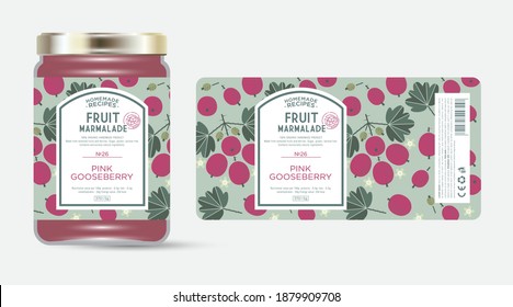 Label and packaging of pink gooseberry marmalade. Jar with label. Text in frame with stamp (sugar free) on seamless pattern with berries, flowers and leaves.