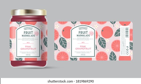 Label and packaging of pink grapefruit marmalade. Jar with label. Text in frame with stamp (sugar free) on seamless pattern with fruits, flowers and leaves.