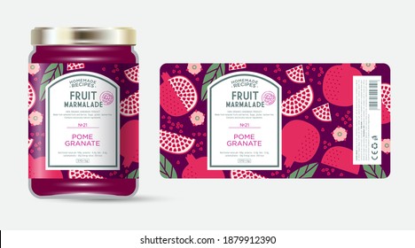 Label and packaging of pomegranate marmalade. Jar with label. Text in frame with stamp (sugar free) on seamless pattern with fruits, flowers and leaves.