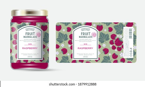 Label and packaging of raspberry marmalade. Jar with label. Text in frame with stamp (sugar free) on seamless pattern with berries, flowers and leaves.