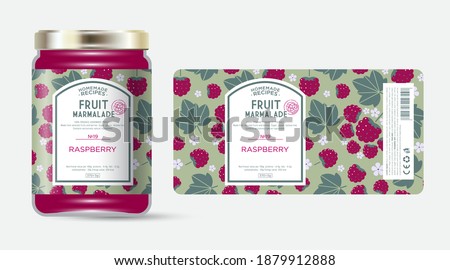 Label and packaging of raspberry marmalade. Jar with label. Text in frame with stamp (sugar free) on seamless pattern with berries, flowers and leaves.