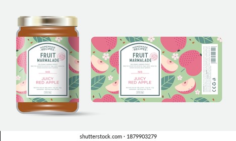 Label and packaging of red apple marmalade. Jar with label. Text in frame with stamp (sugar free) on seamless pattern with fruits, flowers and leaves.