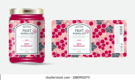 Label and packaging of red currant marmalade. Jar with label. Text in frame with stamp (sugar free) on seamless pattern with berries, flowers and leaves.