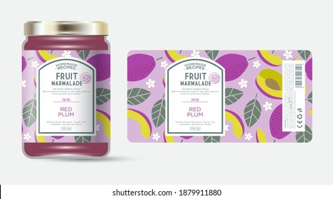 Label and packaging of red plum marmalade. Jar with label. Text in frame with stamp (sugar free) on seamless pattern with fruits, flowers and leaves.